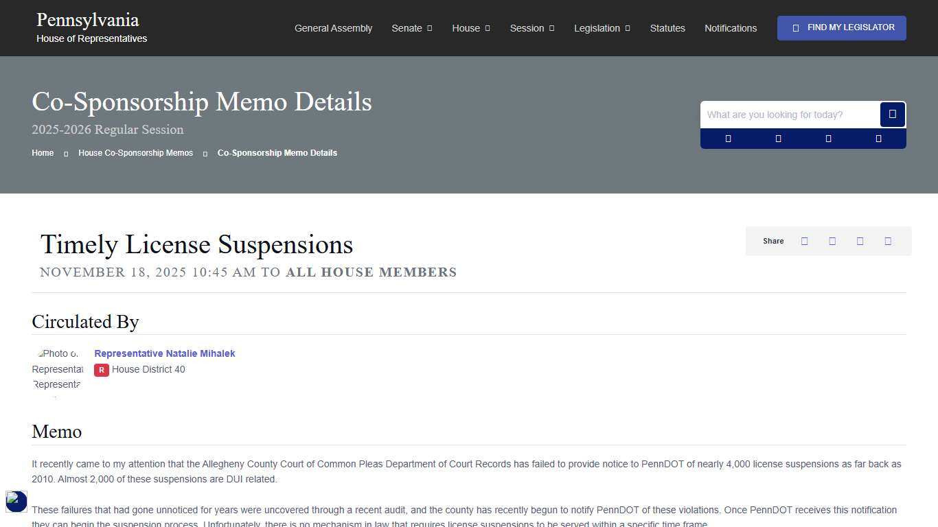 House Co-Sponsorship Memo 47699 Information; 2025-2026 Regular Session - PA House of Representatives